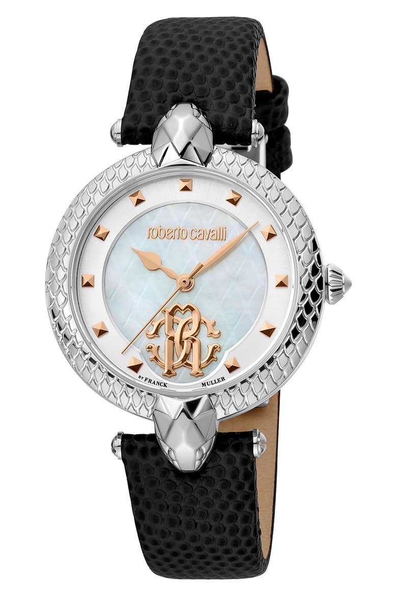 Mother-of-Pearl Leather Strap Watch, 34mm, Main, color, BLACK