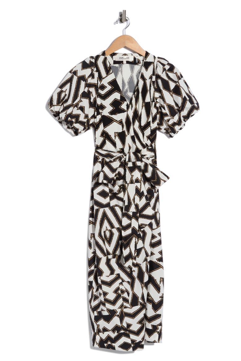 Arina Puff Sleeve Wrap Dress, Alternate, color, TROY MAZE LARGE BW