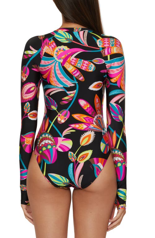 Trina Turk Luminary Half Zip Long Sleeve One-piece Rashguard Swimsuit In Black Multi