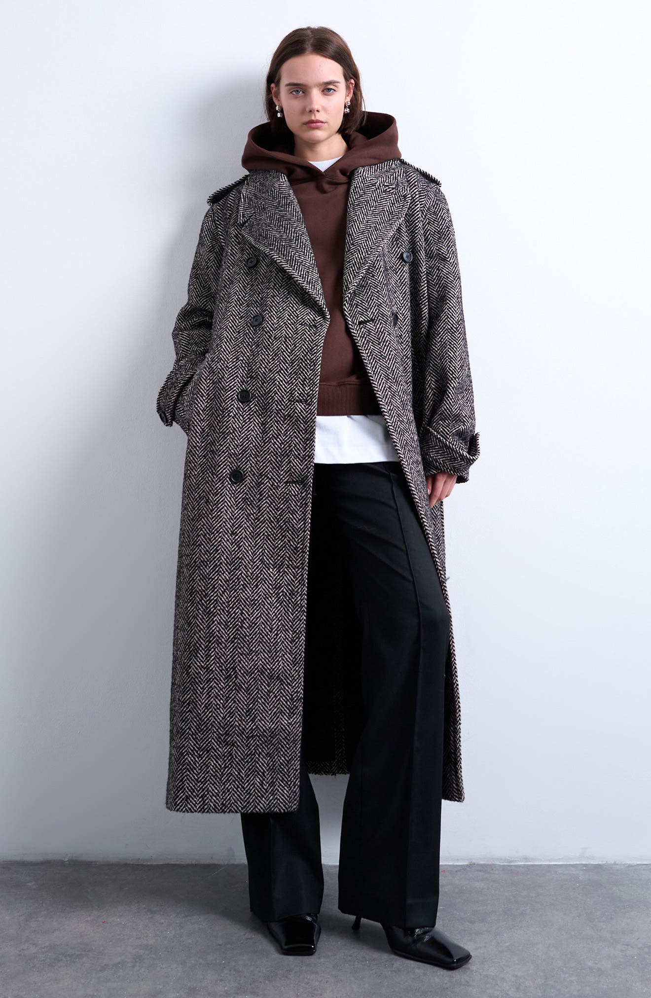 Topshop Belted Herringbone Longline Coat