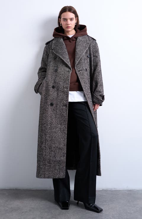 Belted Herringbone Longline Coat