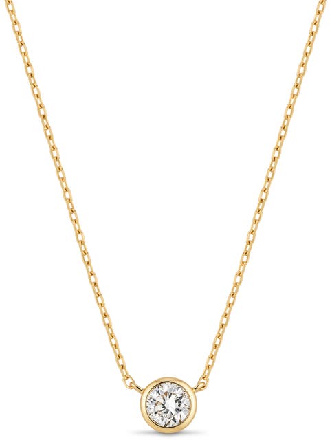 Round Bezel Lab Grown Diamond Chain Necklace in 14K Gold, Adj 16/17/18 inch