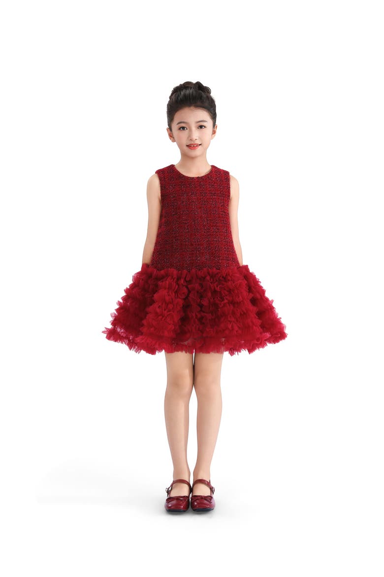 Tweed & Tulle Ruffle Dress, Alternate, color, Red