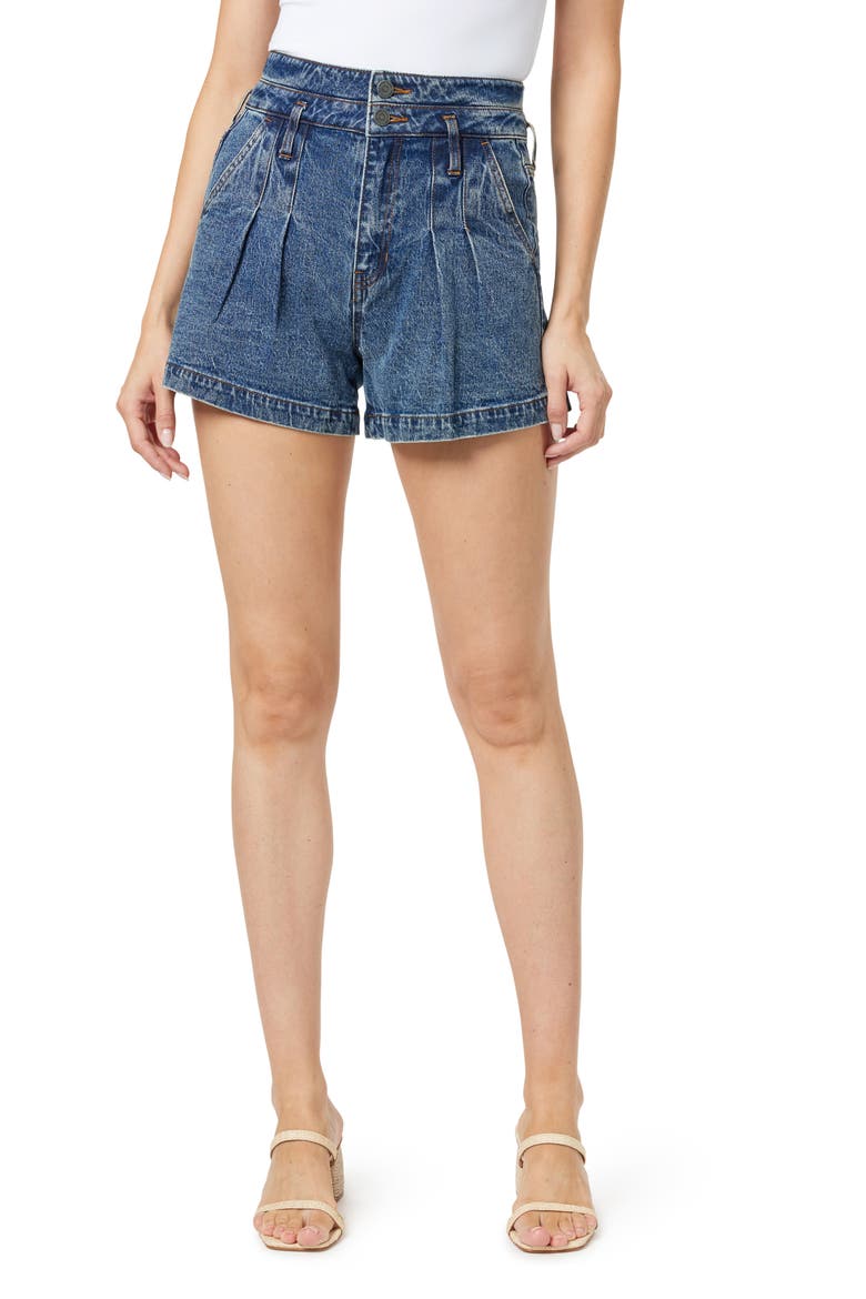 High Waist Pleat Front Denim Shorts, Main, color, LAGOON