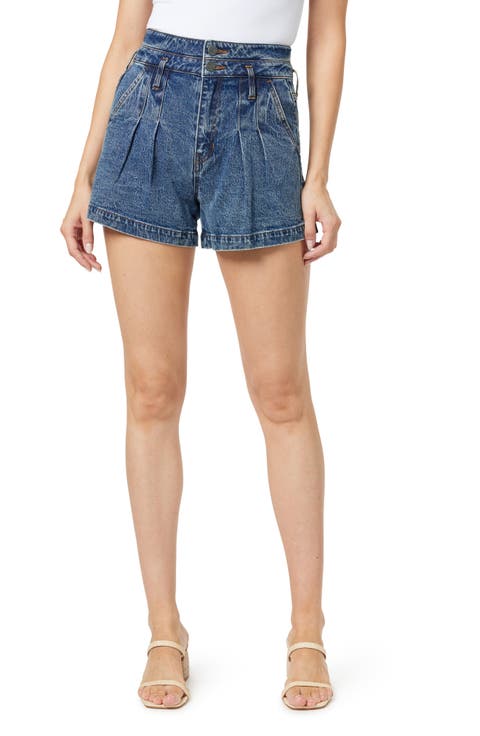 High Waist Pleat Front Denim Shorts (Lagoon)