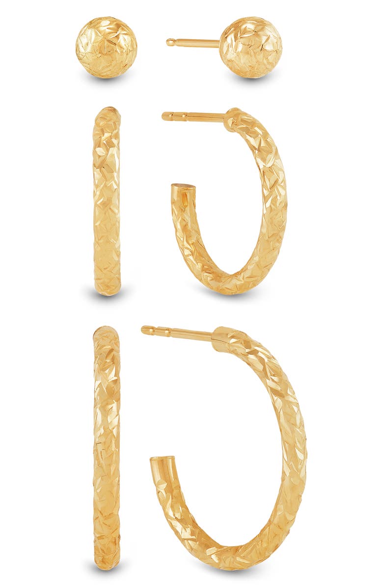 Frankie & Zoe Set of 3 Cut Ball Stud & Hoop Earrings, Main, color, Yellow Gold