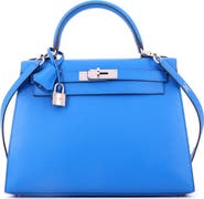 Pre-Owned Hermes Kelly Handbag Blue Epsom with Palladium Hardware 28