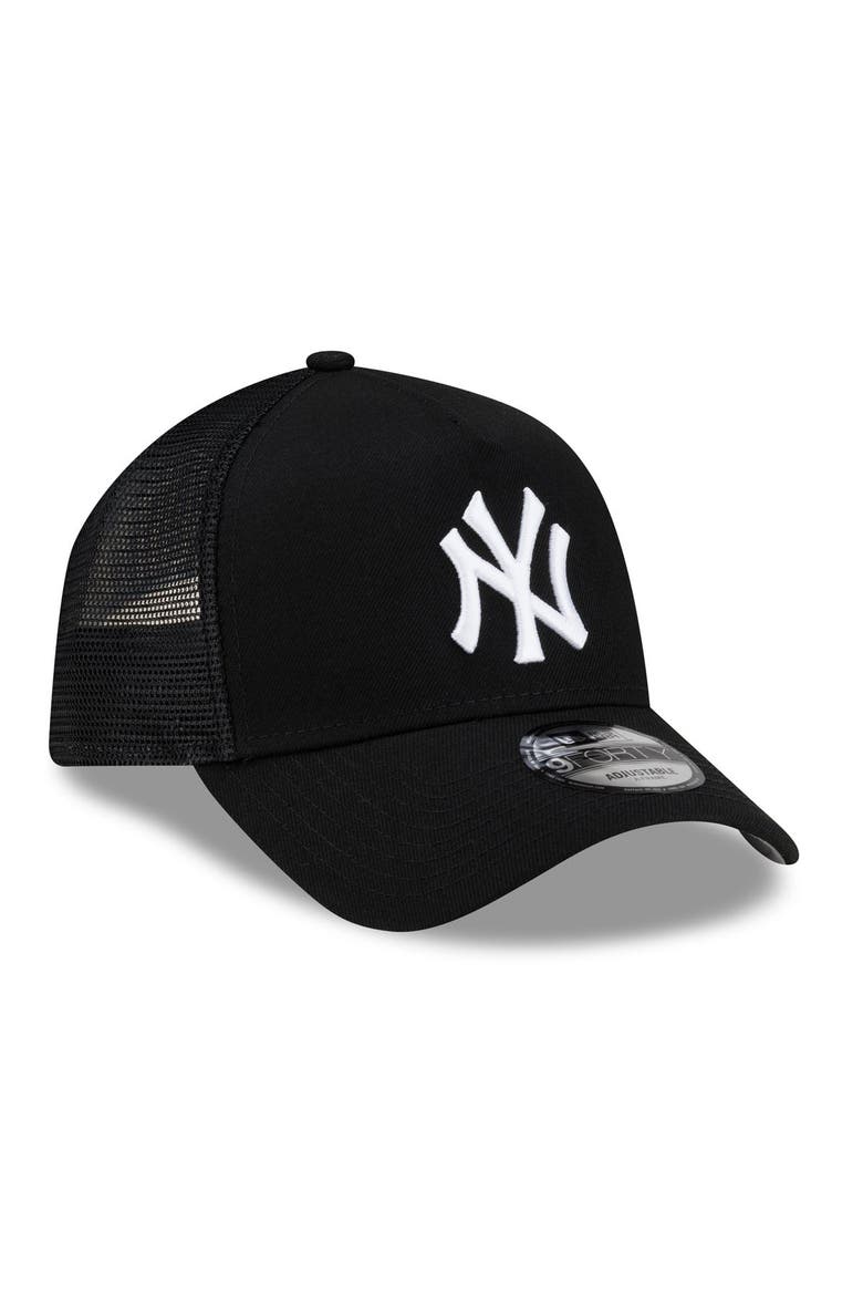 Men's New Era Black New York Yankees Side Script 9FORTY A-Frame Trucker Adjustable Hat, Alternate, color, Black