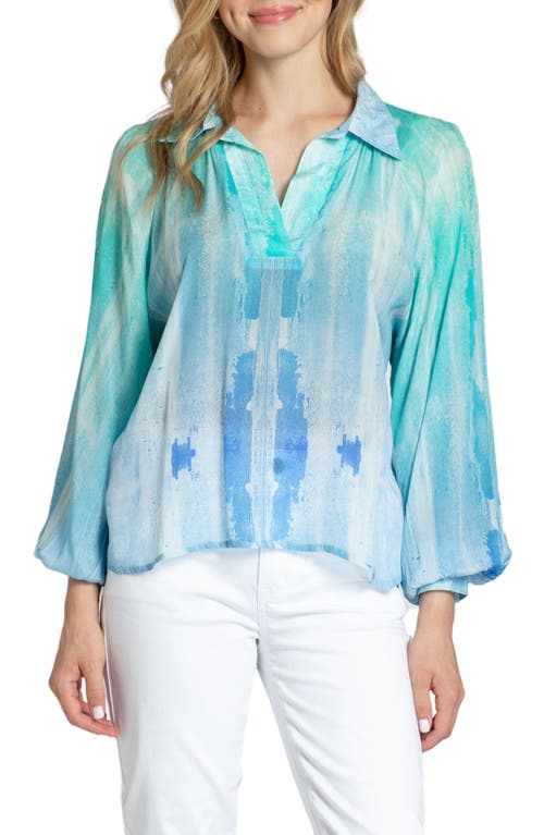 Apny Half Placket Pullover Blouse In Blue Multi In Turquoise Multi