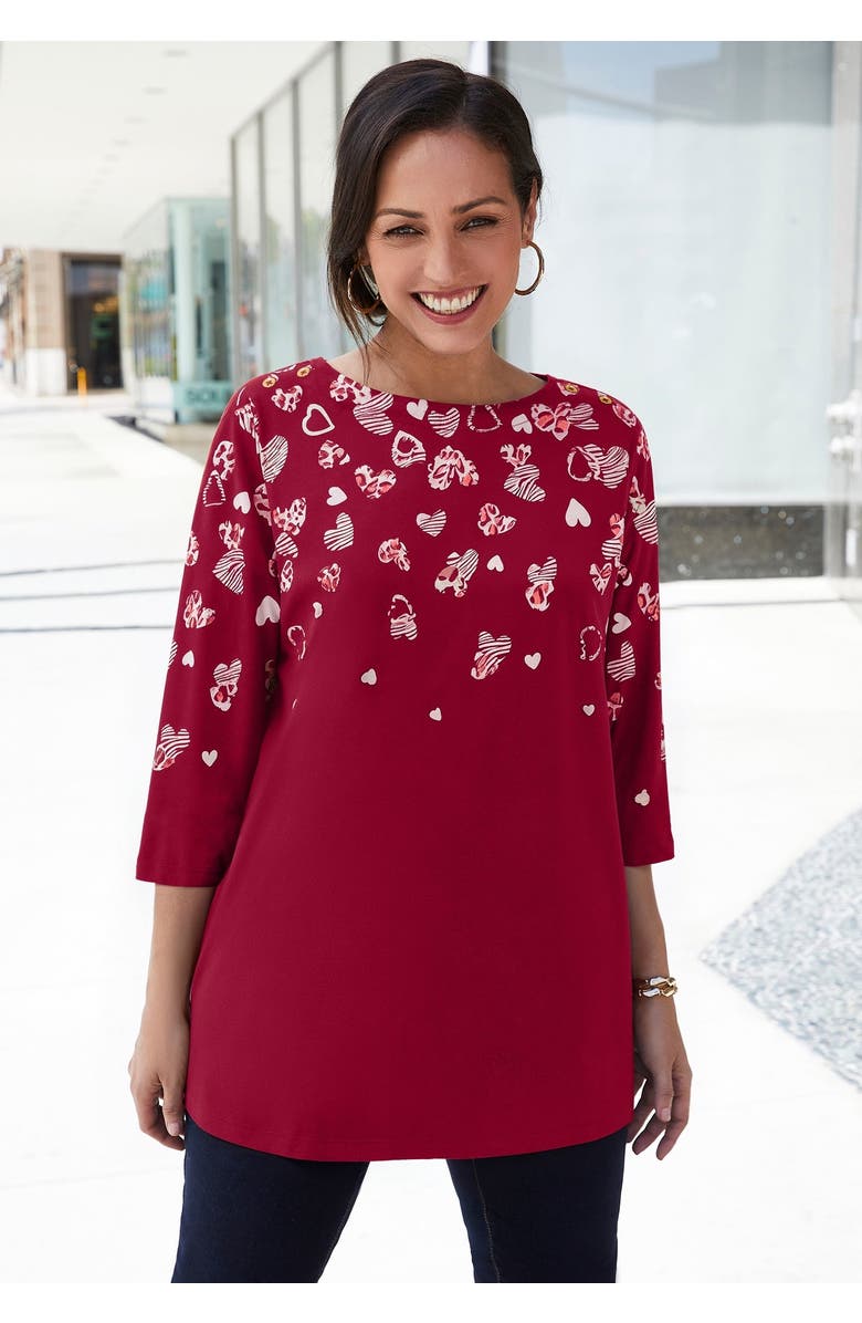 Jessica London Stretch Cotton Boatneck Tunic, Alternate, color, White Floral Embellishment