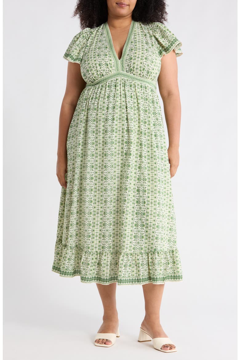 Flutter Sleeve V-Neck Dress, Main, color, CREAM/ LEAF DEMASK
