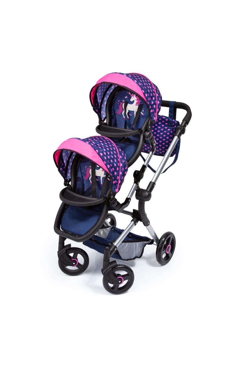 Twin Doll Pram Neo, Blue With Unicorn and Hearts, 18 Inch, Main, color, Multicolored