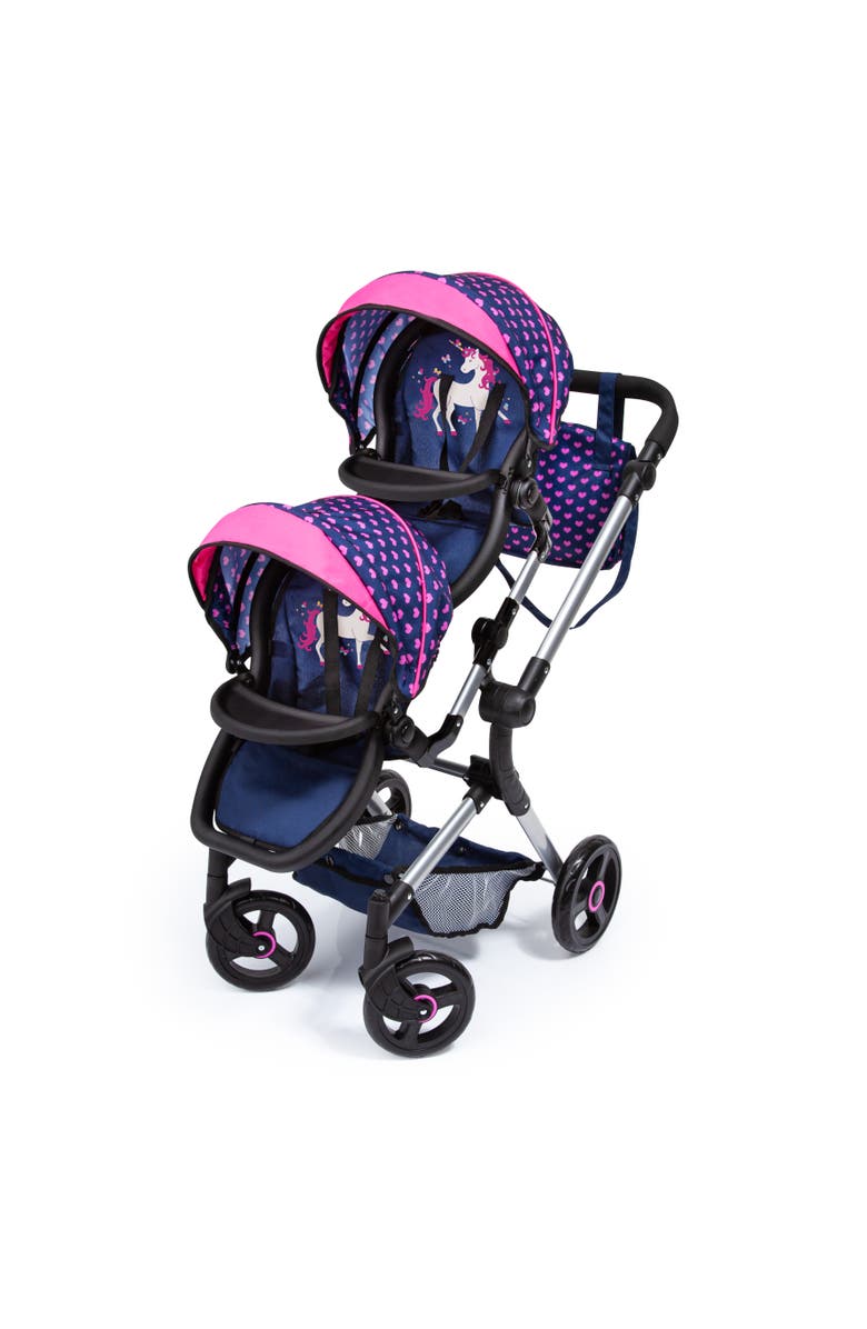 Bayer Twin Doll Pram Neo, Blue With Unicorn and Hearts, 18 Inch, Main, color, Multicolored