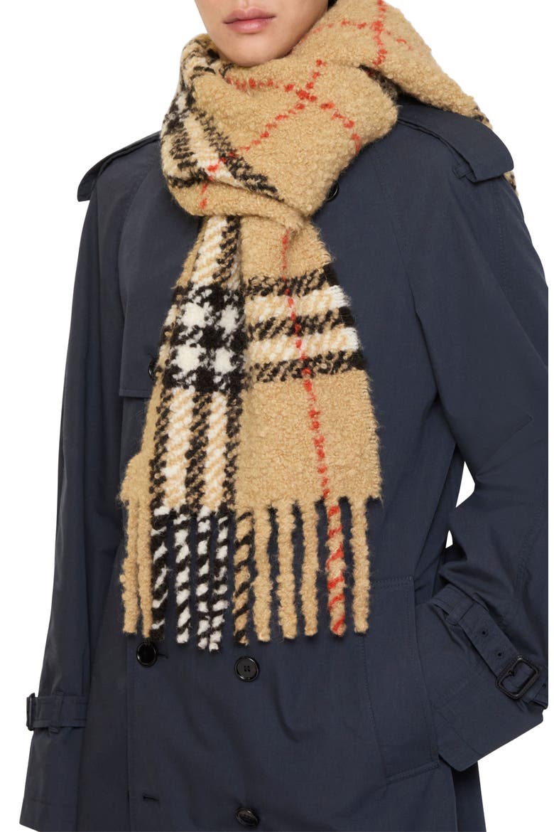 Check Alpaca & Wool Blend Bouclé Fringe Scarf, Main, color, SAND