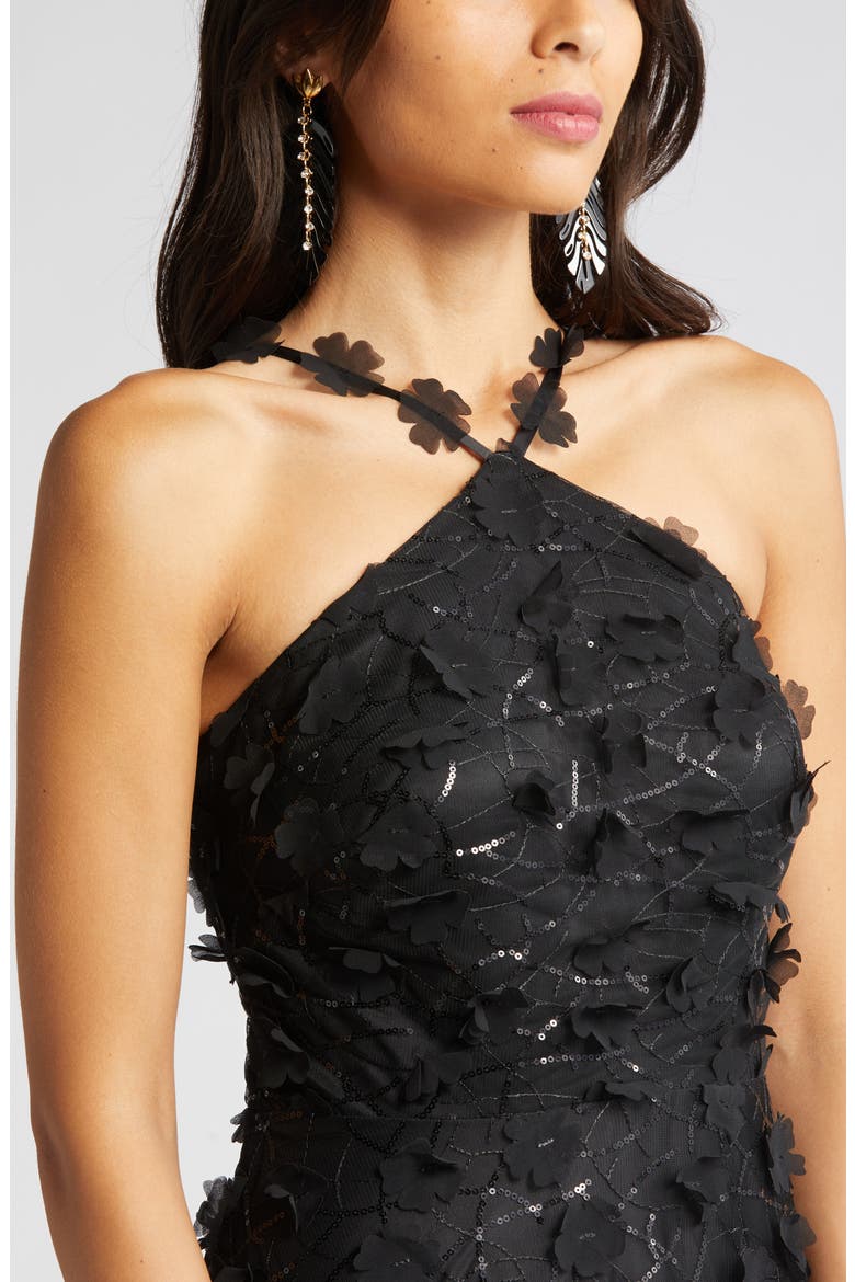 Floating Flow Floral Sequin Halter Ballgown, Alternate, color, BLACK