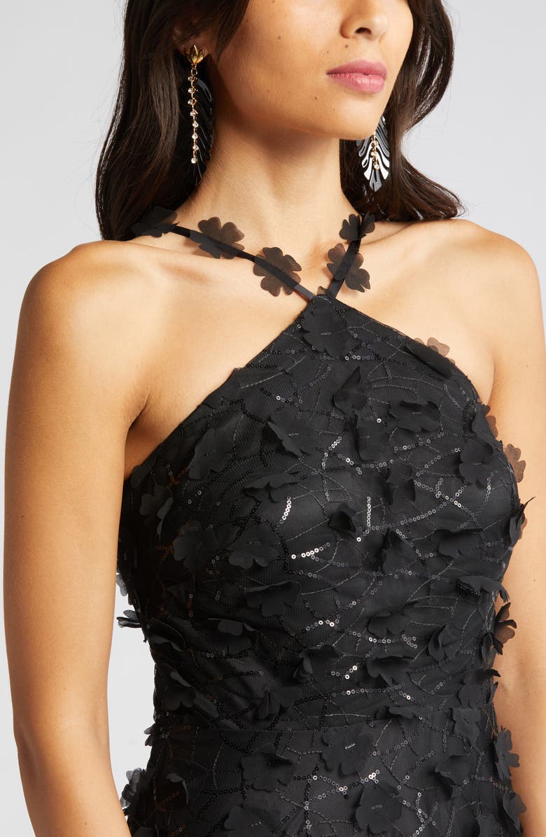 Eliza J Floating Flow Floral Sequin Halter Ballgown, Alternate, color, Black