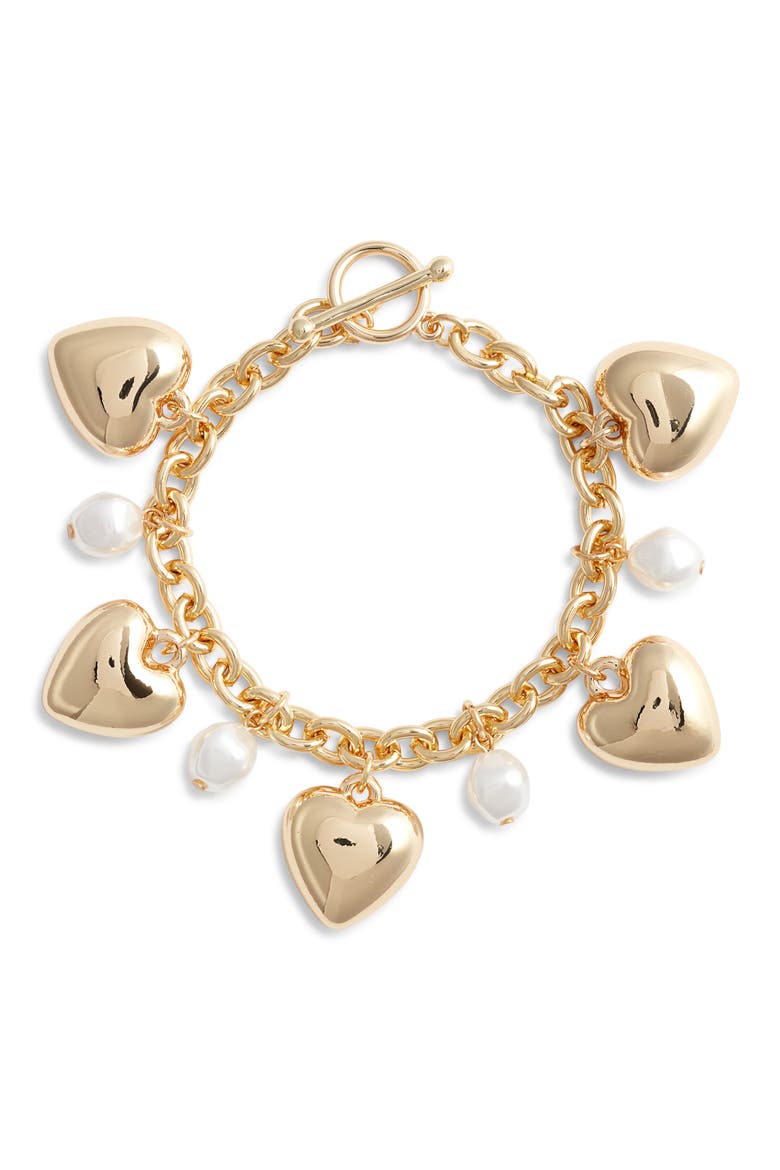 Faux Pearl & Heart Charm Bracelet, Main, color, WHITE- GOLD