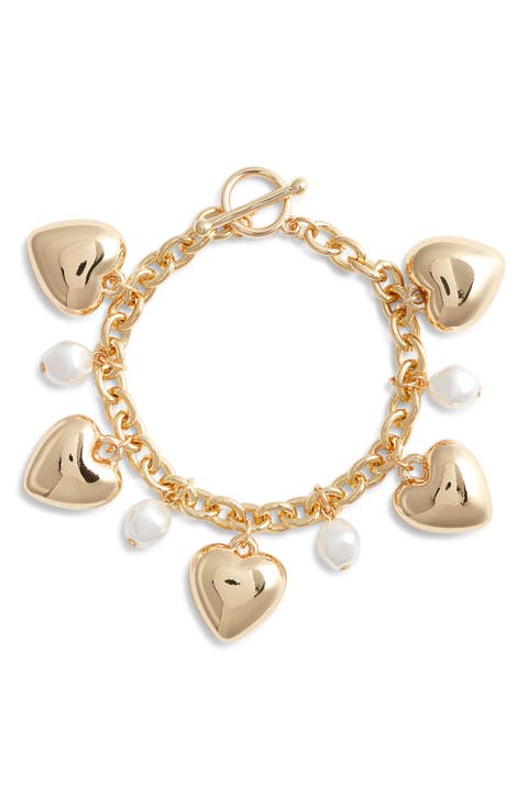 Faux Pearl 
Heart Charm Bracelet