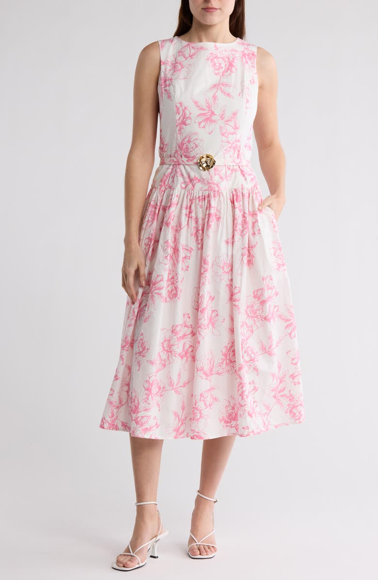 KARL LAGERFELD PARIS Floral Sleeveless Cotton Fit & Flare Midi Dress, Main, color, 