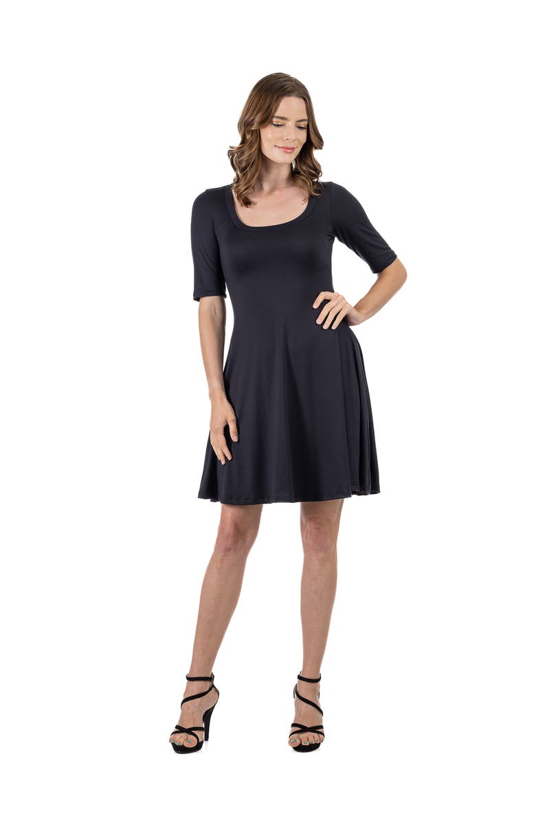 24seven Comfort Apparel A-Line Knee Length Dress Elbow Length Sleeves, Main, color, Black