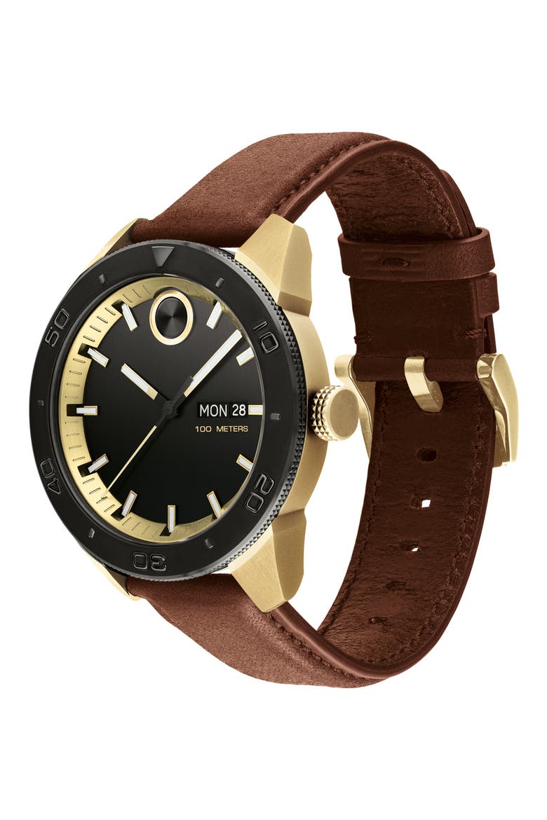 Bold Sport Leather Strap Watch, 43.5mm, Alternate, color, COGNAC/ BLACK/ GOLD