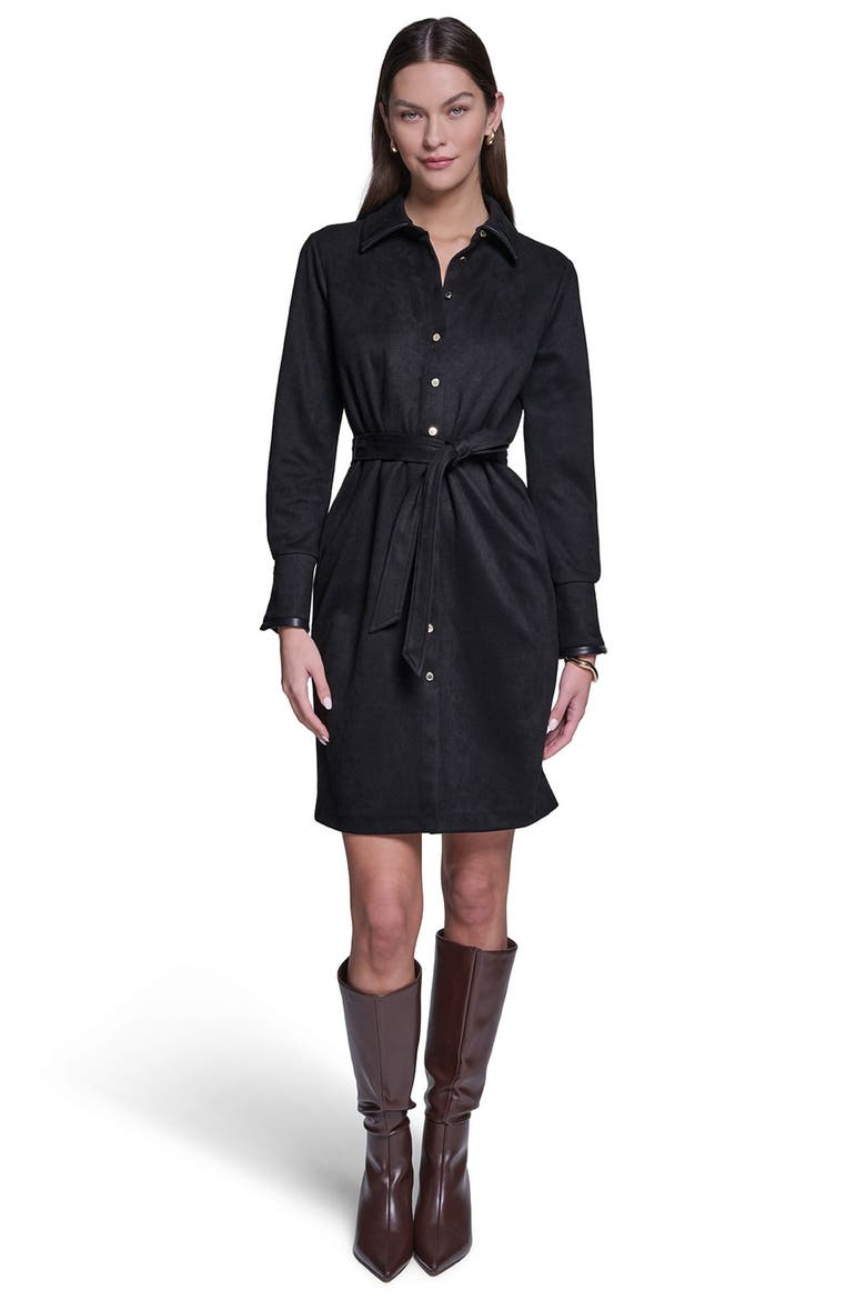 Long Sleeve Suede Shirt Dress, Main, color, Black