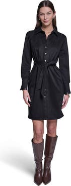 HALSTON Long Sleeve Suede Shirt Dress