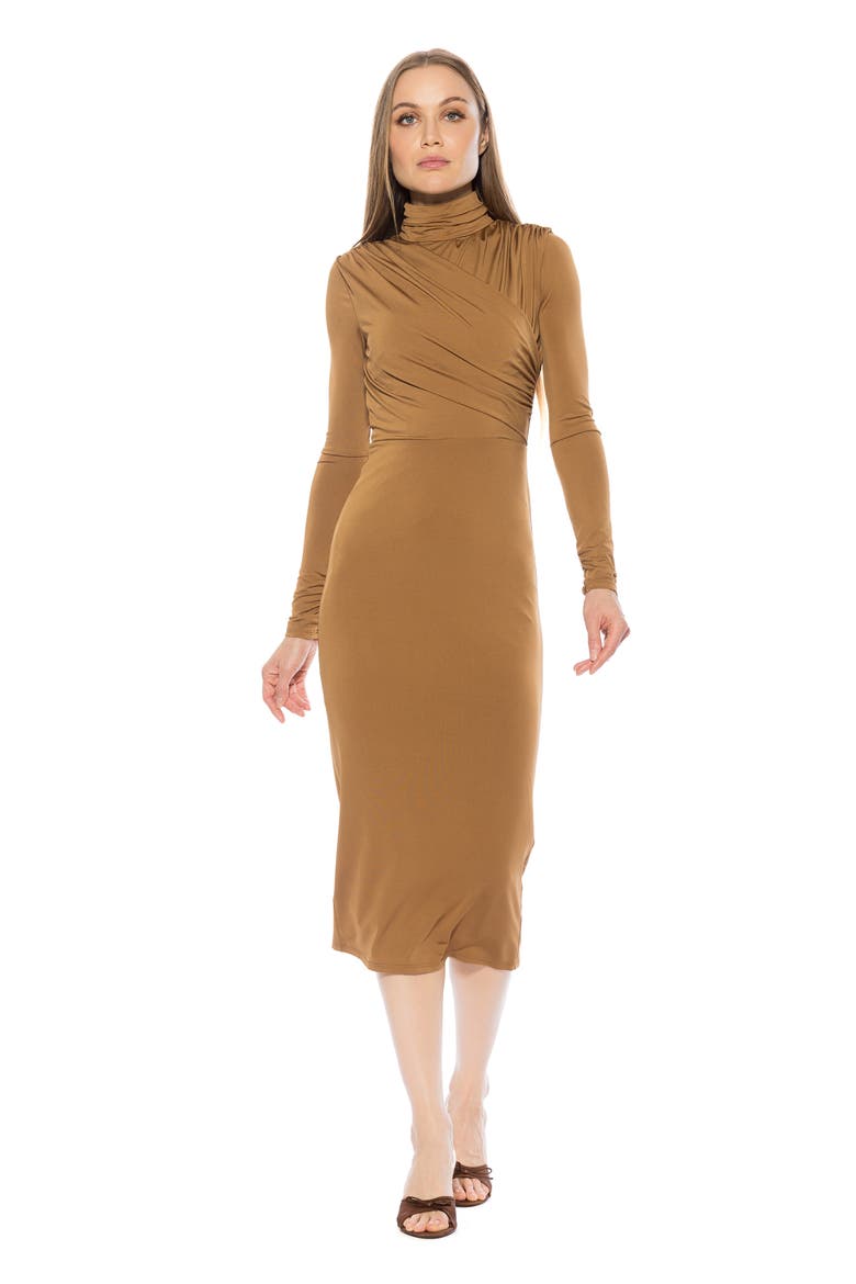 Elio Draped Bodice Midi Sheath Dress, Alternate, color, ALMOND