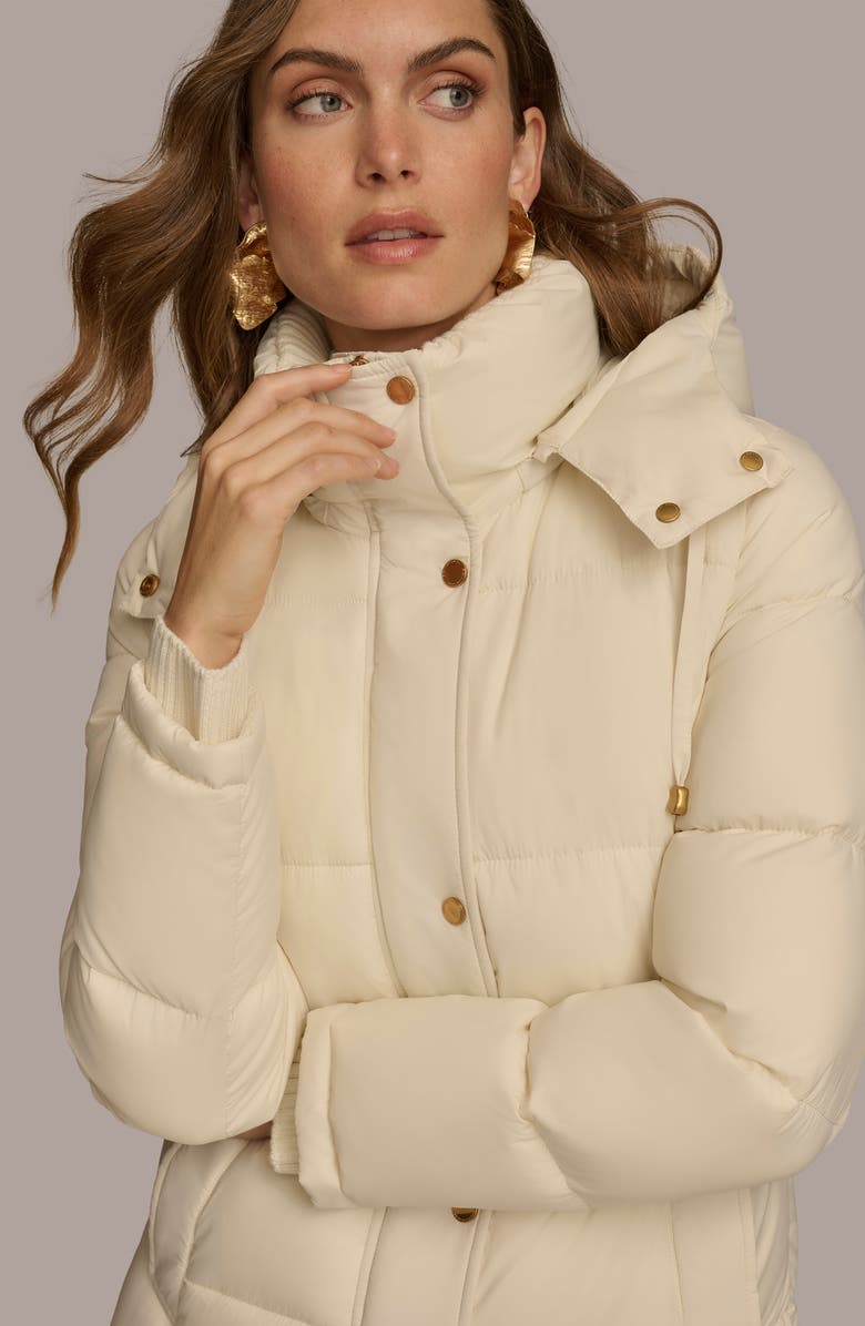 Donna Karan New York Hooded Ribbed Trim Puffer Jacket, Alternate, color, Cream