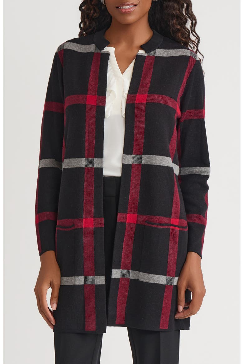 Plaid Longline Open Front Sweater Coat, Main, color, BLACK/ FIRE RED