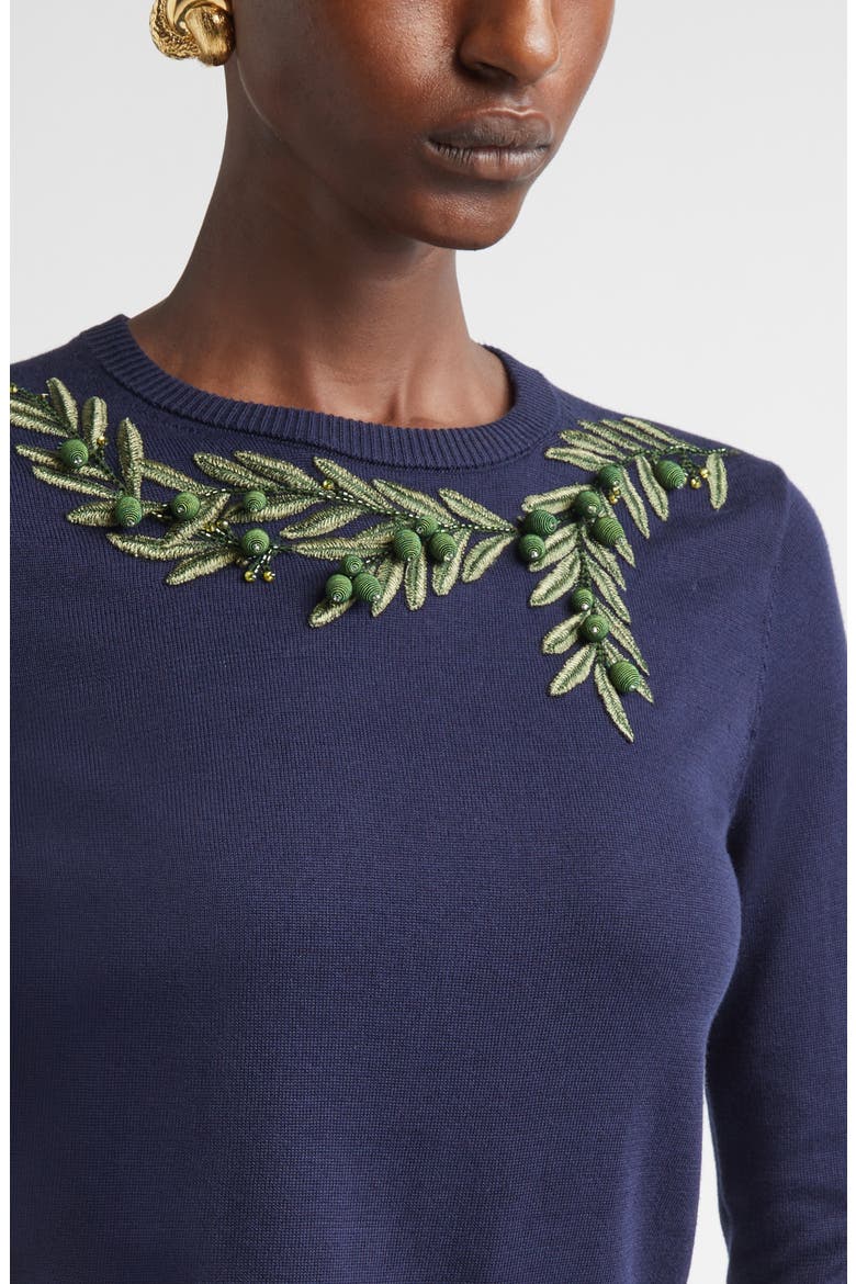 Olive Branch Embroidered Silk & Cotton Sweater, Alternate, color, MIDNIGHT MULTI