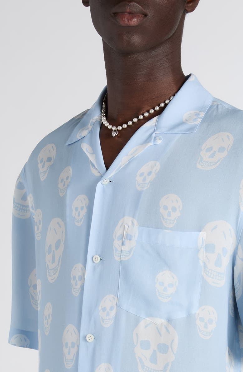 McQueen Skull Print Camp Shirt, Alternate, color, Ice Blue