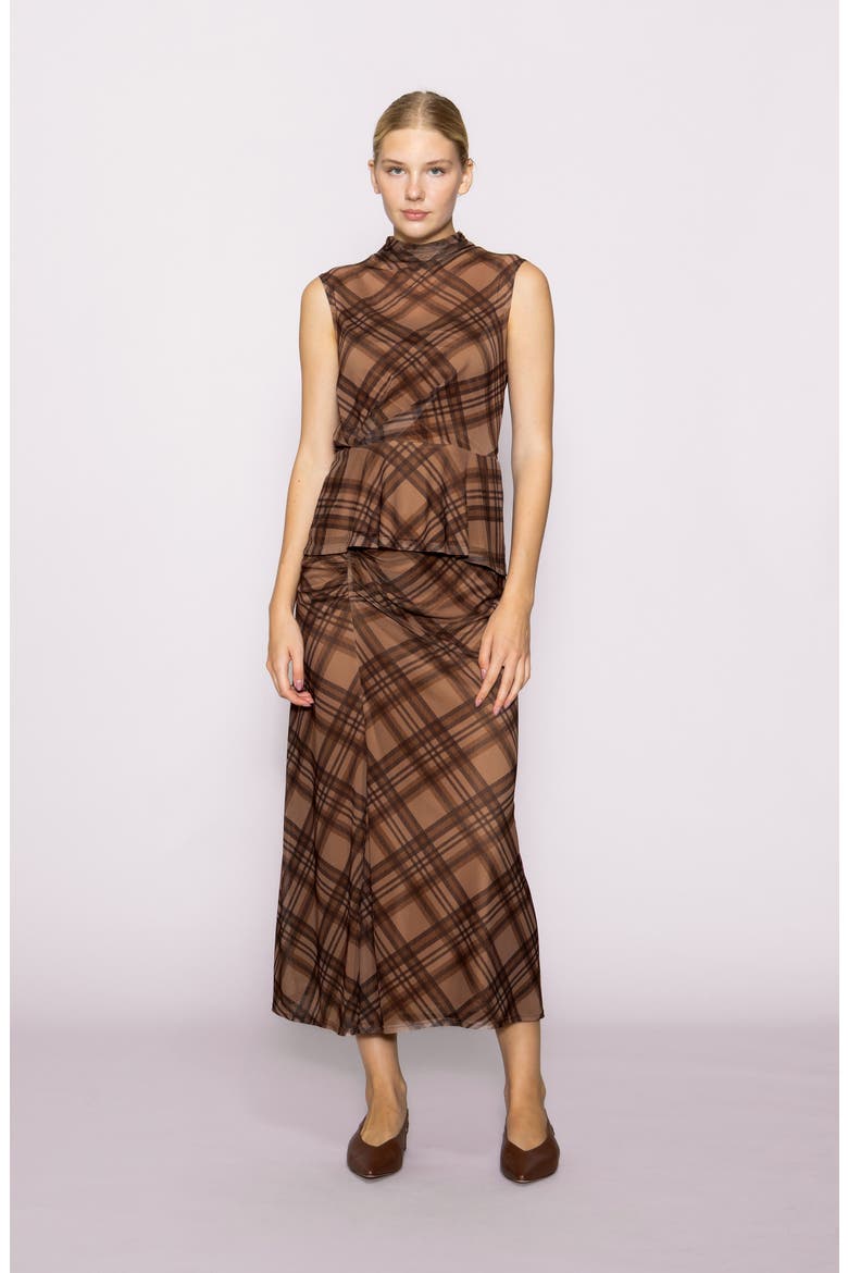 Side Cinch Plaid Mesh Peplum Top, Alternate, color, BROWN