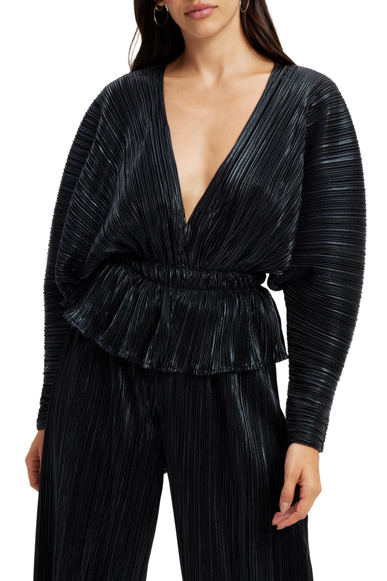 Plissé Deep V-Neck Dolman Sleeve Top, Main, color, BLACK001