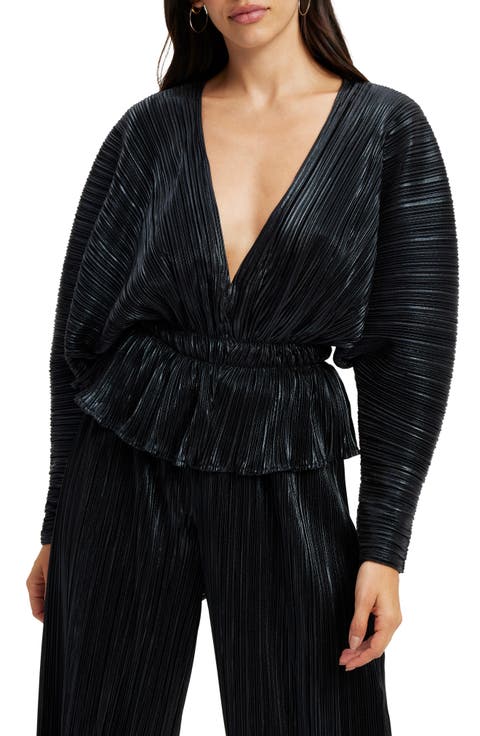 Plissé Deep V-Neck Dolman Sleeve Top