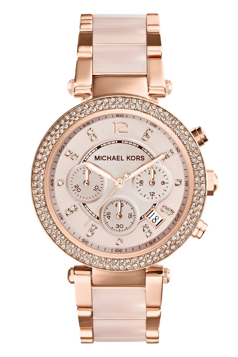 'Parker' Blush Acetate Link Chronograph Watch, 39mm, Main, color, ROSE GOLD