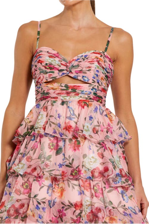 Mac Duggal Floral Cut Out Ruffle Layered Gown In Pink Multi