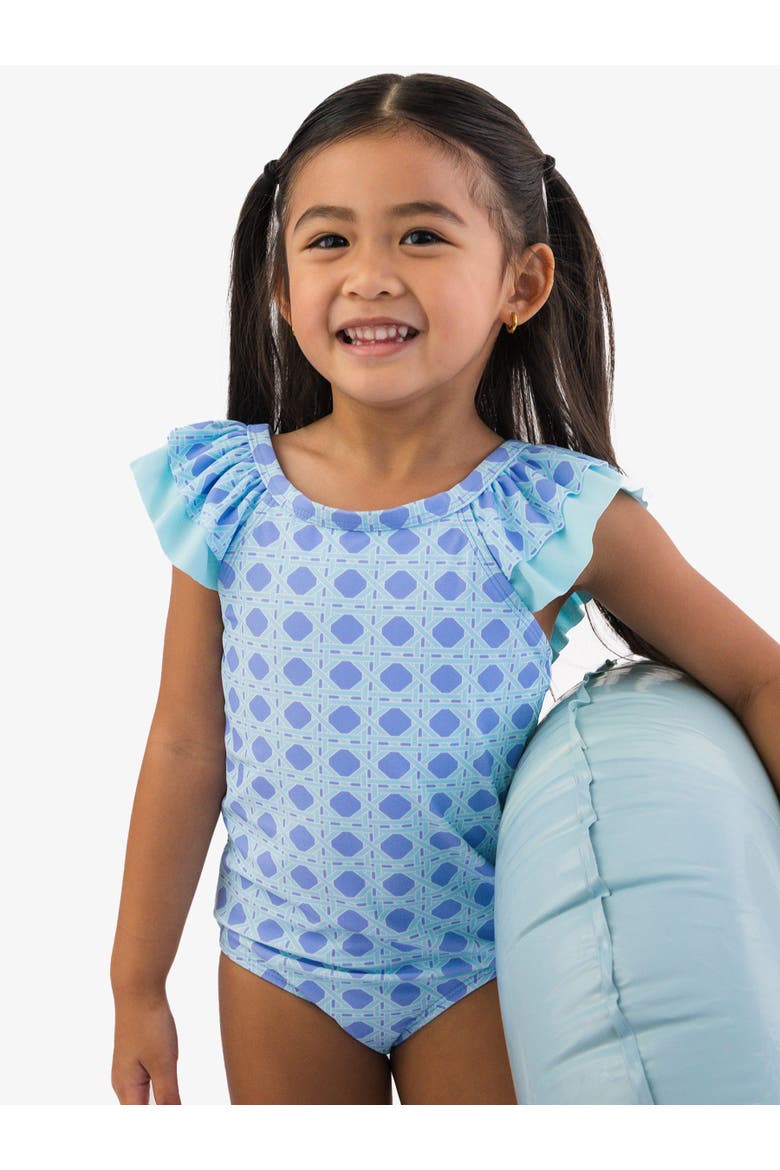 Girls V-Back UPF50+ One Piece, Alternate, color, Periwinkle Blue Coastal Cane