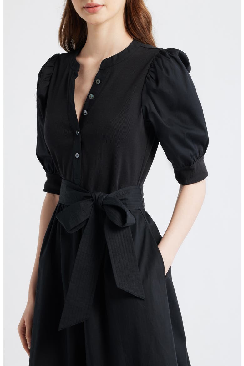 Twofer Mixed Media Belted Midi Dress, Alternate, color, BLACK