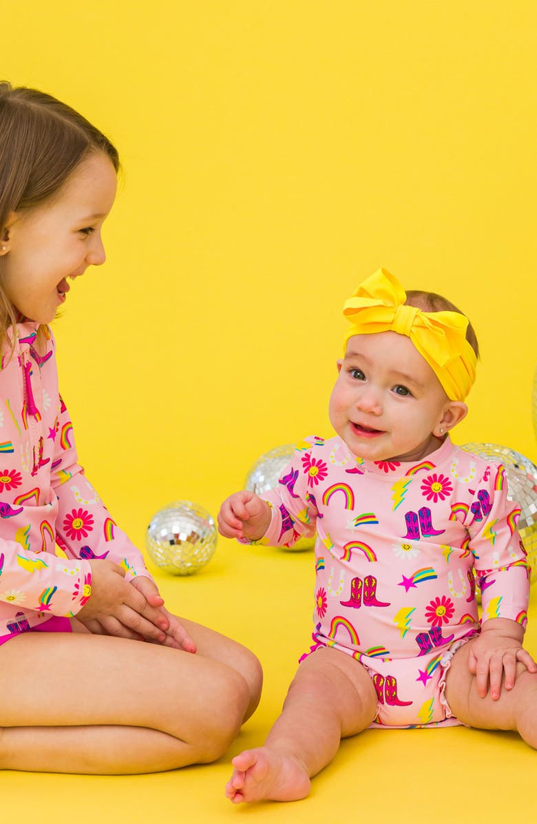 RuffleButts Cowgirl Cutie One-Piece Rashguard Swimsuit, Alternate, color, Pink