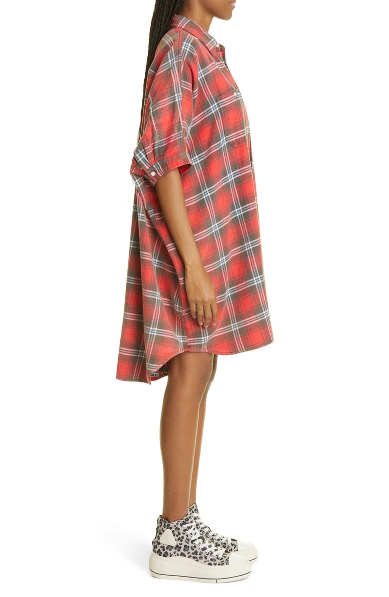 R13 Plaid Oversize Cotton Flannel Shirtdress, Alternate, color, Red Plaid