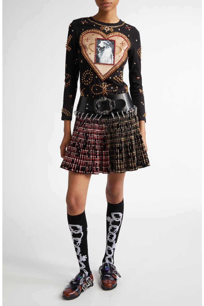 Roberta Mixed Plaid Pleated Carabiner Miniskirt, Alternate, color, RED AND GREEN