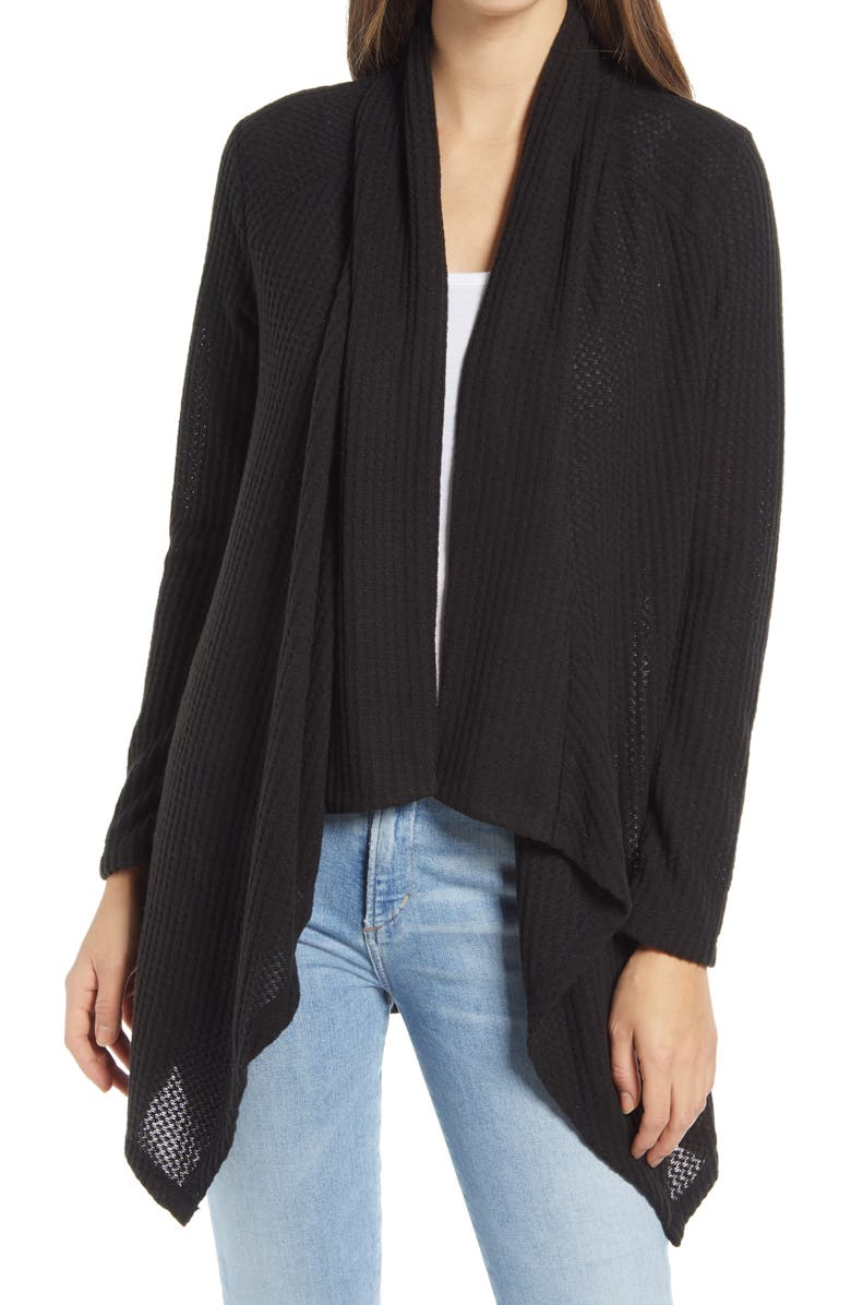 Bobeau Waffle Knit Drape Front Cardigan, Main, color, 