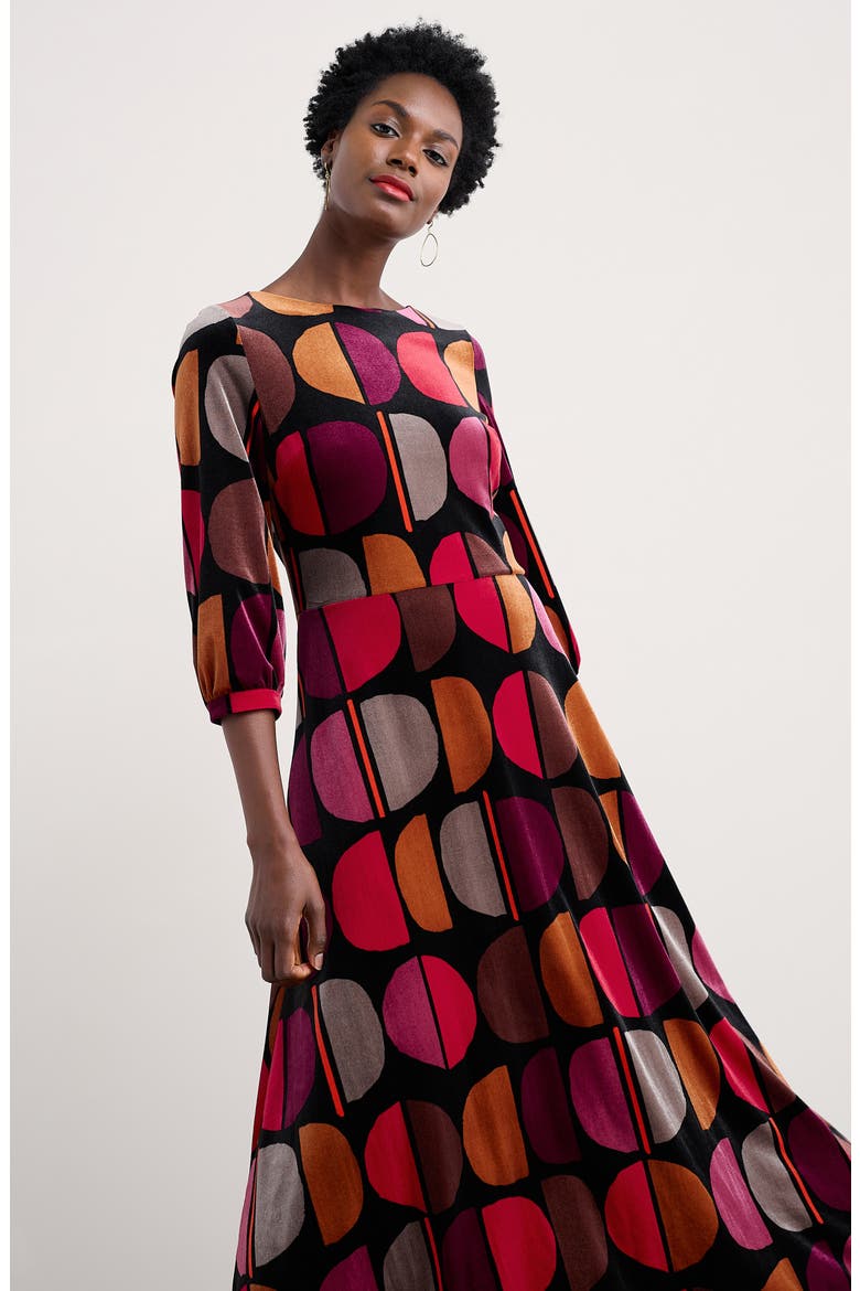 Oak Cottage Geo Print Velvet Midi Dress, Alternate, color, HALF MOON STAMP ONYX