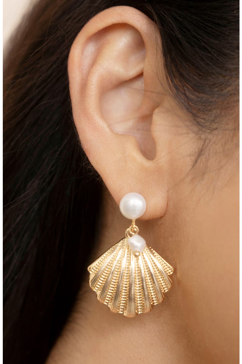Scallop Shell & Freshwater Pearl Drop Earrings, Alternate, color, GOLD
