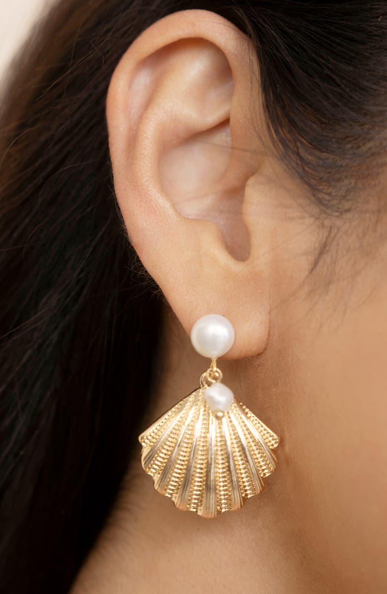 Ettika Scallop Shell & Freshwater Pearl Drop Earrings, Alternate, color, Gold