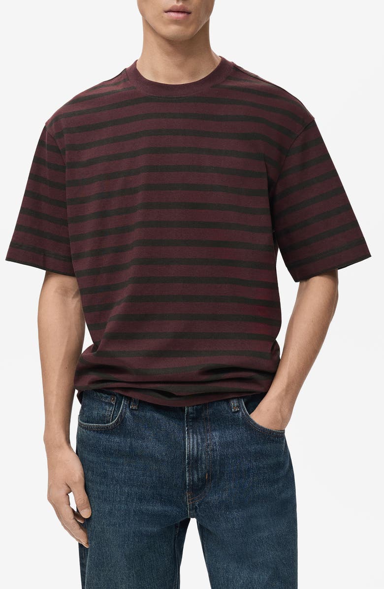 MANGO Stripe Relaxed Fit Cotton Crewneck Shirt, Main, color, Wine