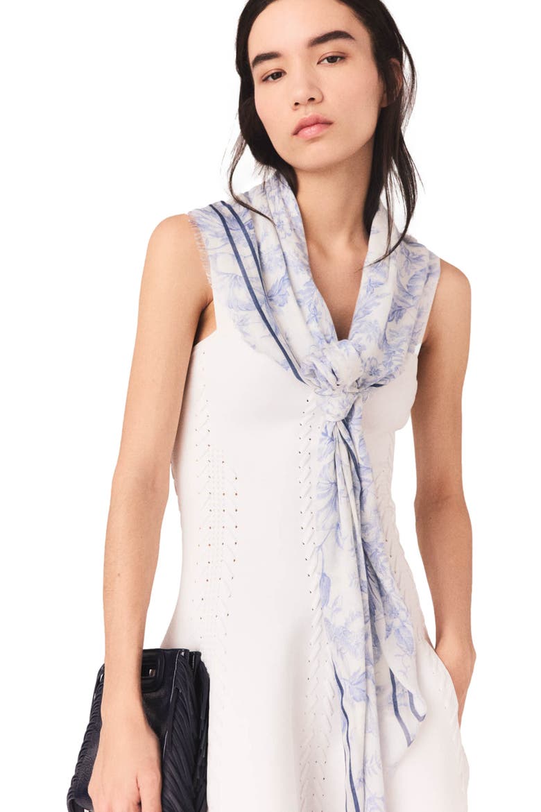 Floral print wool blend shawl, Alternate, color, White/blue