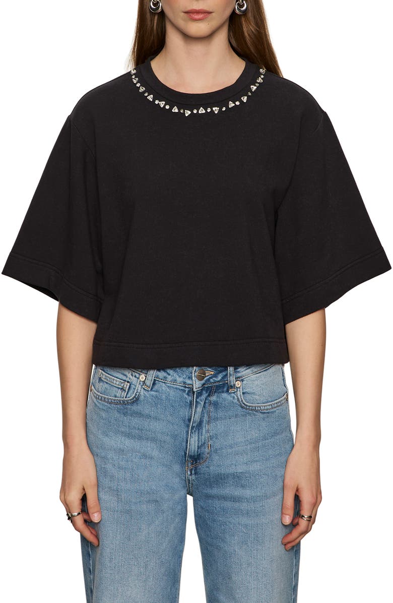 Sanctuary Rhinestone Detail Boxy Organic Cotton T-Shirt, Alternate, color, Black