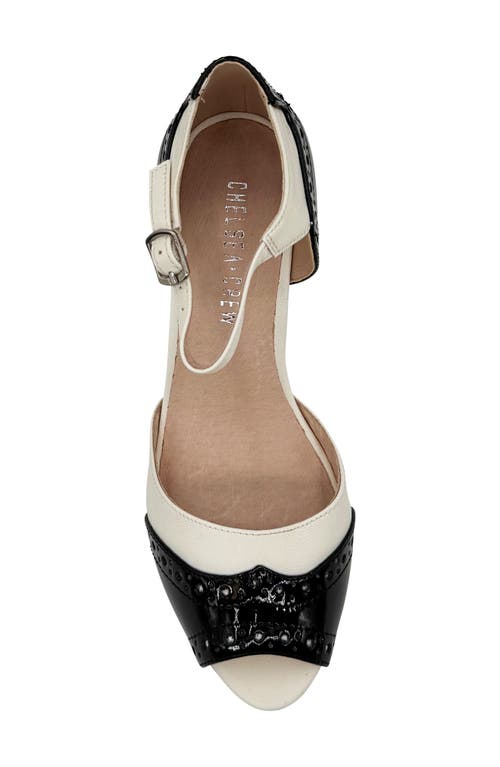 Shop Chelsea Crew Godiva Ankle Strap Peep Toe Sandal In Black And Bone Pu